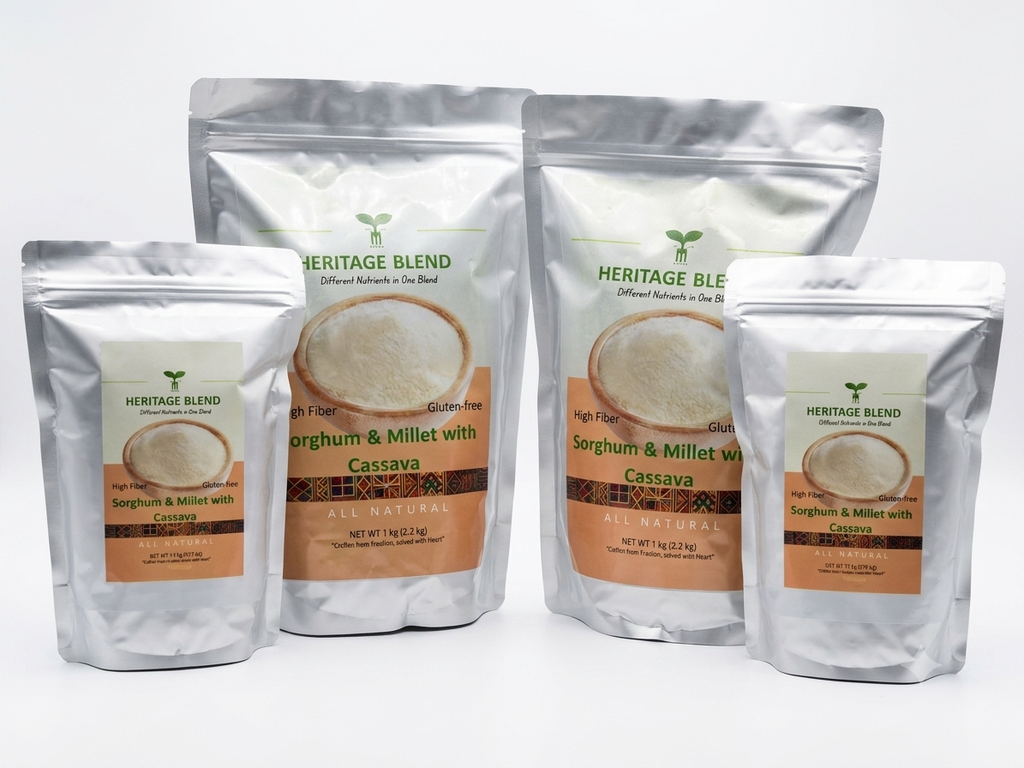 Four packages of Heritage Blendorghum & Millet with Cassava on a white background